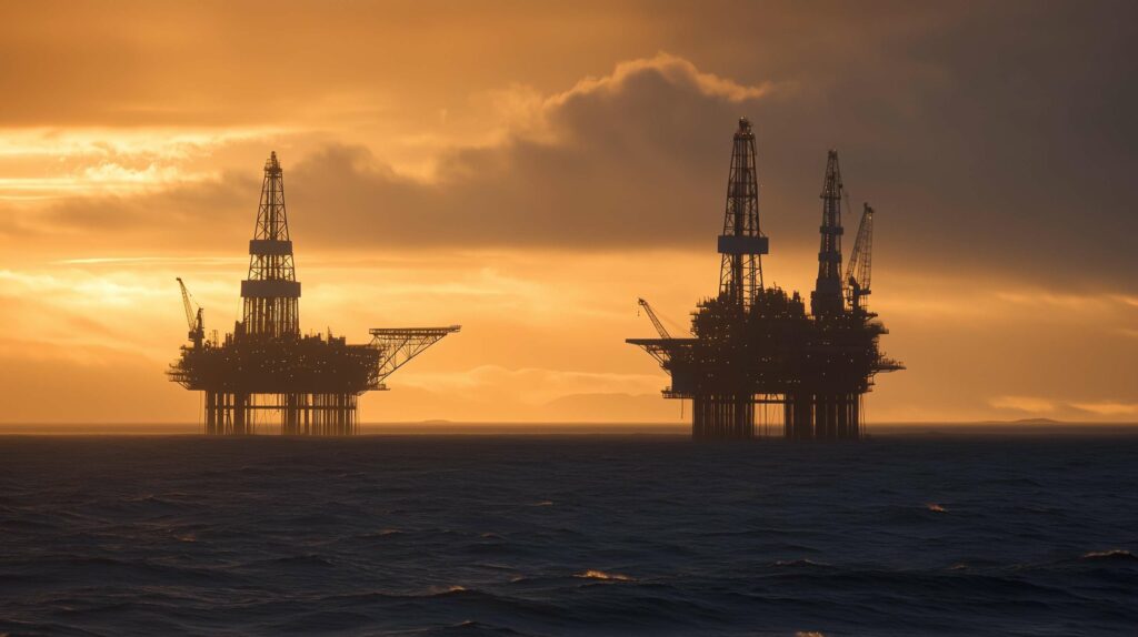 Offshore oil rigs silhouetted at sunset